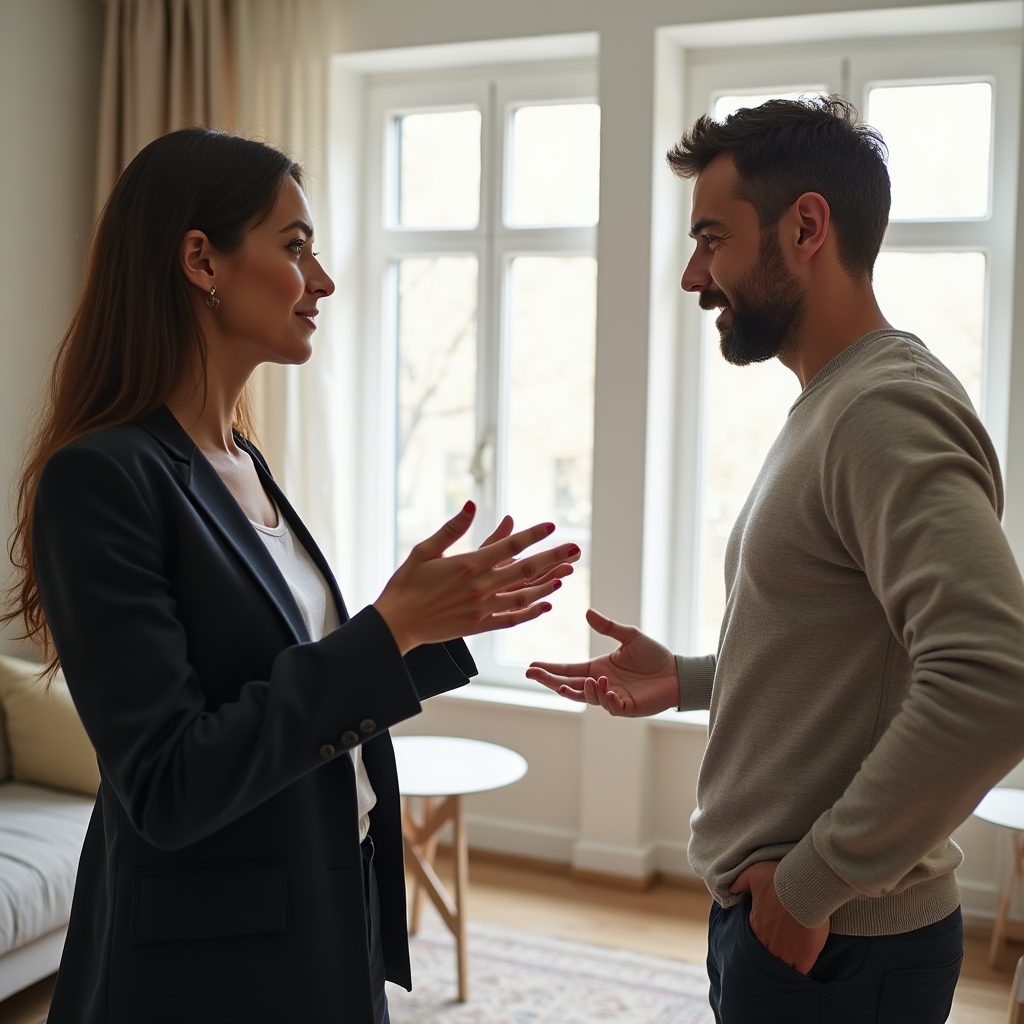 Consultant home staging discutând cu proprietarul apartamentului despre plan