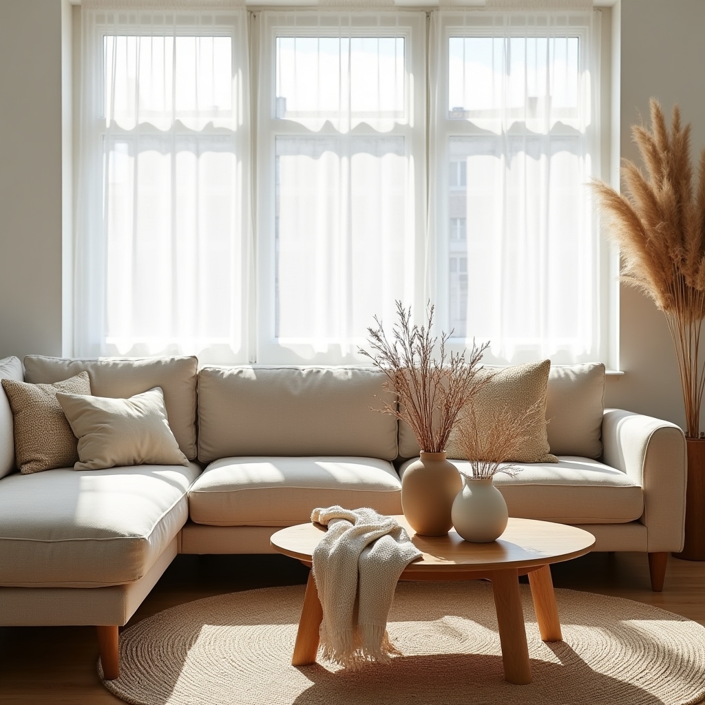 Living amenajat prin home staging cu canapea existentă rearanjată și textile adăugate
