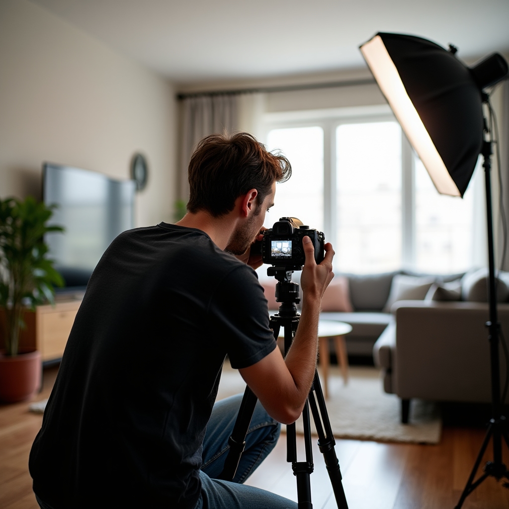 Fotograf profesionist realizând ședința foto într-un apartament pregătit prin home staging