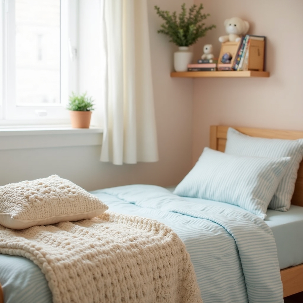 Cameră de copii pregătită prin home staging cu accesorii textile din stoc propriu